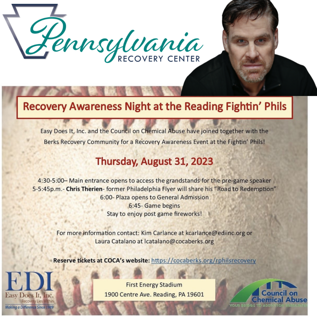 Reading Fightin Phils recovery awareness night addiction treatment center Caron Chris Therien Flyers Pennsylvania Recovery Center